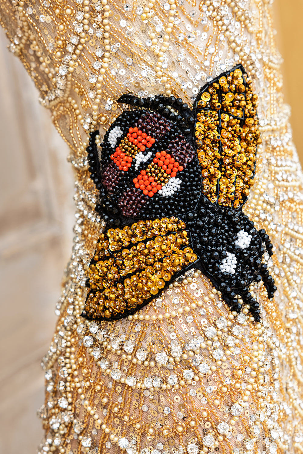 Lace Hand Beaded Swarovski Crystal Dress with Bee Detail Chain