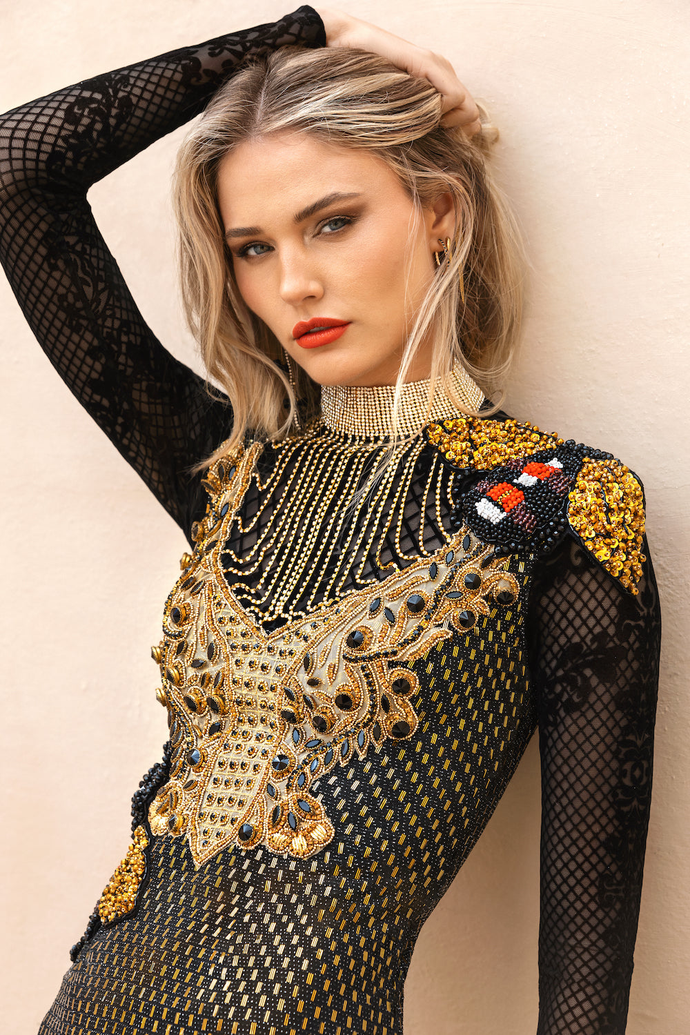 Black & Golden Stretch Long Sleeve - Chain Bee Dress