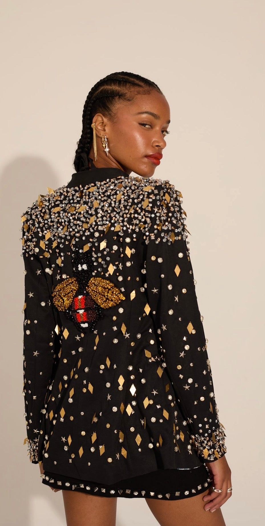 Hand Beaded Blazer with High Waist Mini_Skirt and Cropped Corset