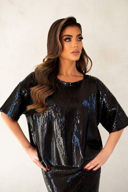 Black Sequin high waisted skirt with oversized top