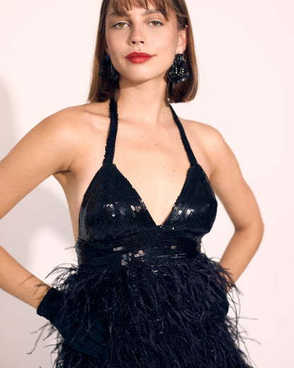 Black Ostrich Feather Dress with Lace Beaded Bodice