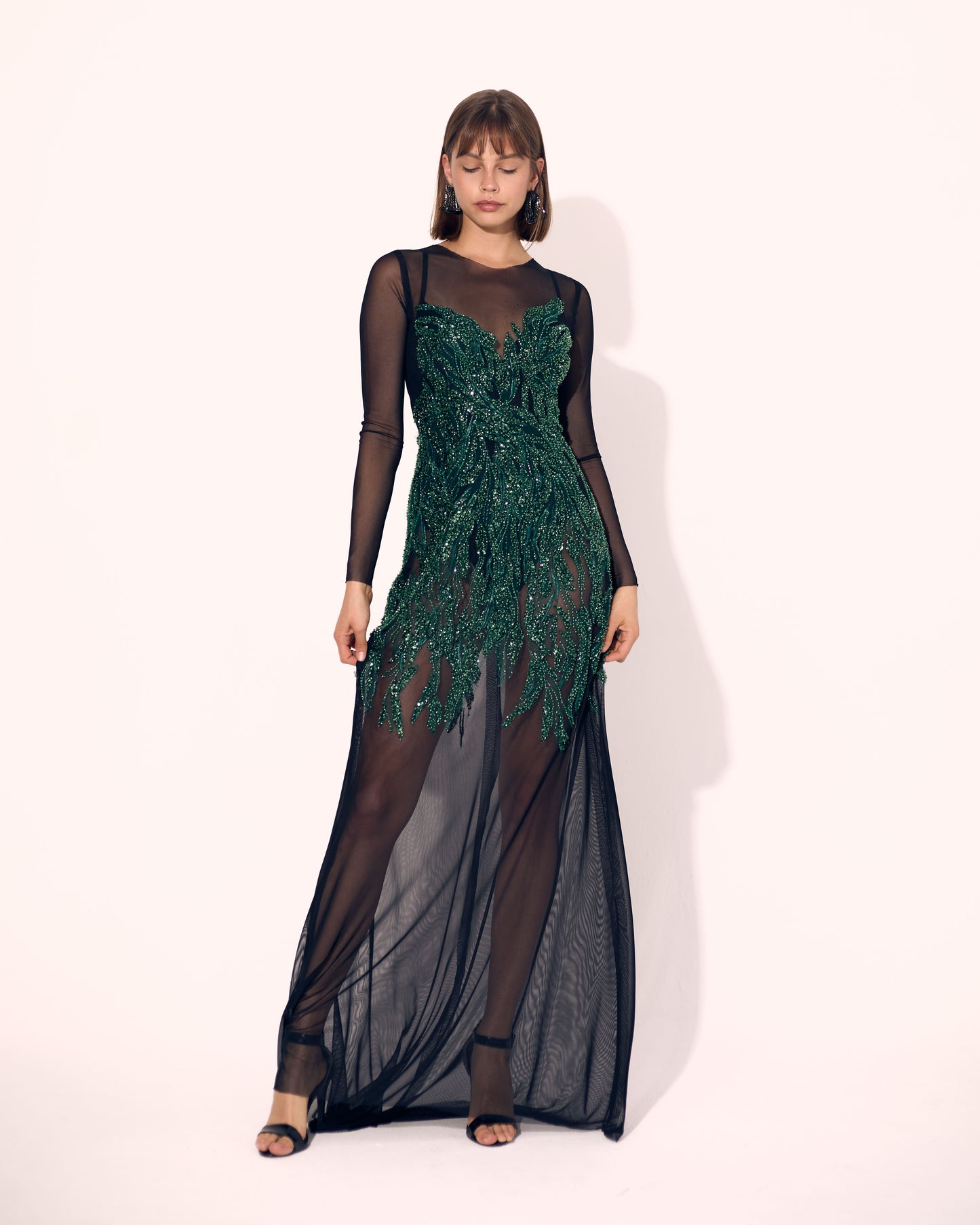 Black & Green Lace Mesh Stretch Dress
