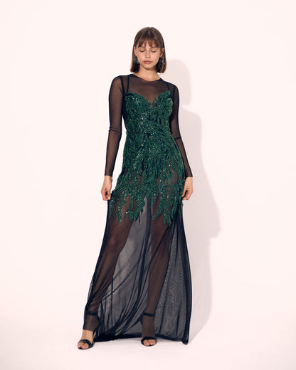 Black & Green Lace Mesh Stretch Dress