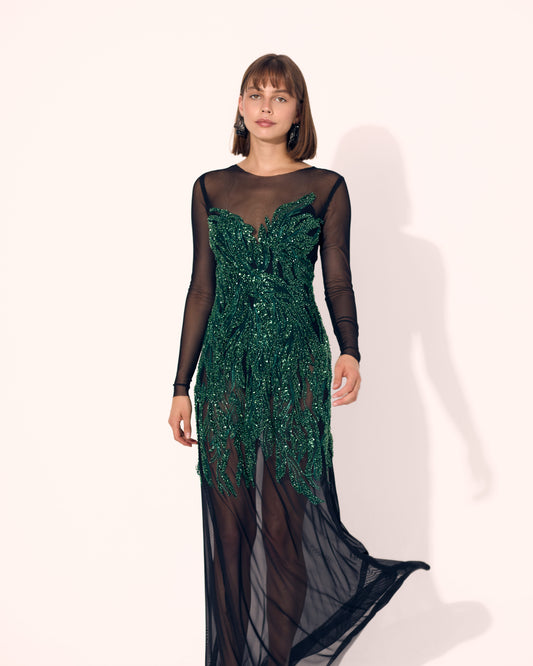 Black & Green Lace Mesh Stretch Dress