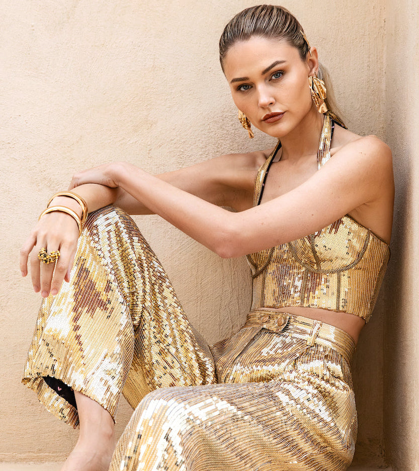 Golden Sequin Duo Cropped Corset Top & Wideleg Pants