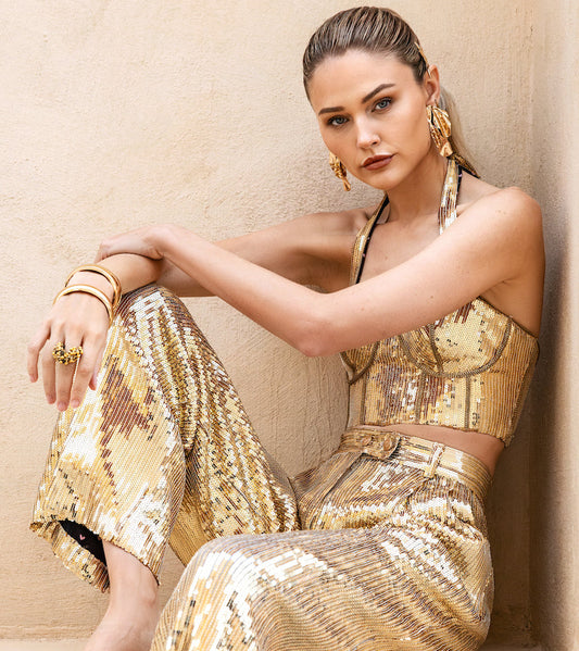 Golden Sequin Duo Cropped Corset Top & Wideleg Pants