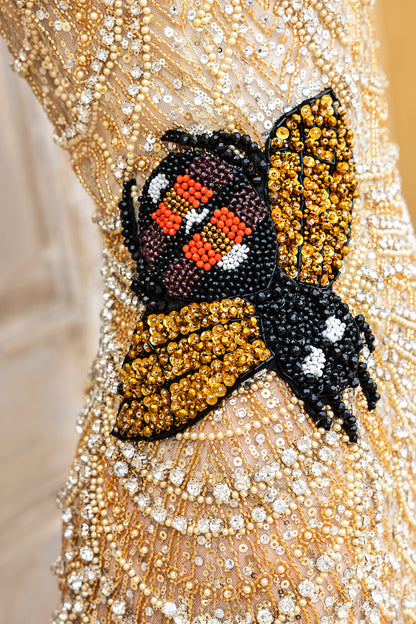 Lace Hand Beaded Swarovski Crystal Dress with Bee Detail Chain