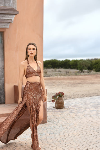 Copper Sequin Cropped Top & Skirt