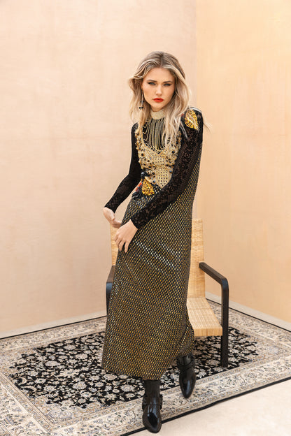 Black & Golden Stretch Long Sleeve - Chain Bee Dress