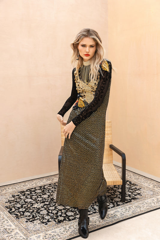 Black & Golden Stretch Long Sleeve - Chain Bee Dress