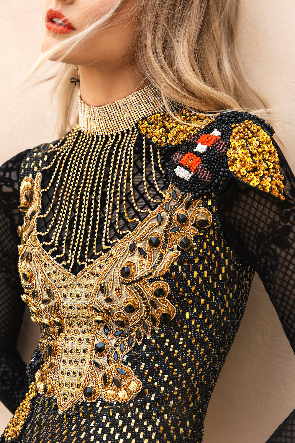 Black & Golden Stretch Long Sleeve - Chain Bee Dress
