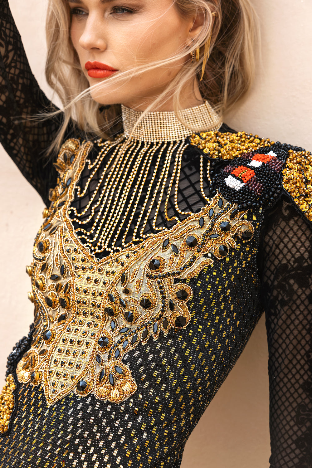 Black & Golden Stretch Long Sleeve - Chain Bee Dress