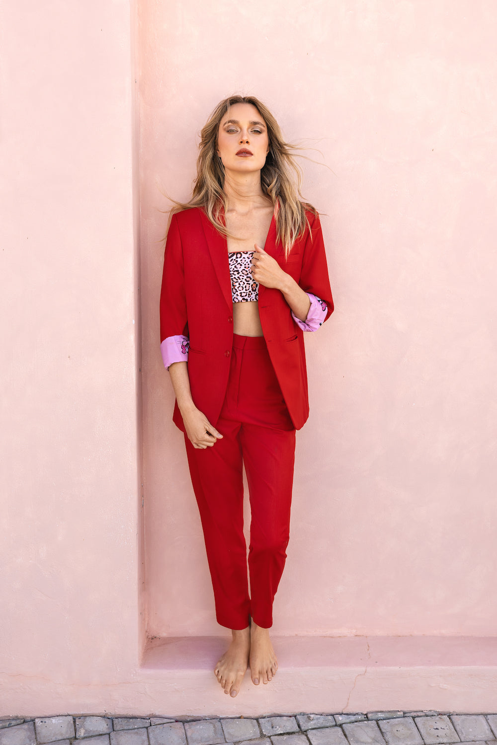 Red Tailored Suit with Pink Panther Lining