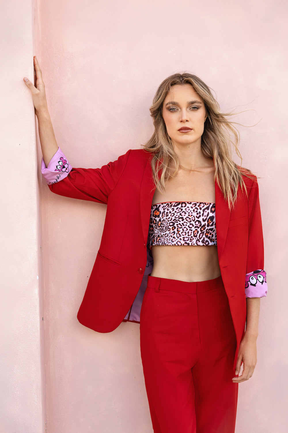 Red Tailored Suit with Pink Panther Lining