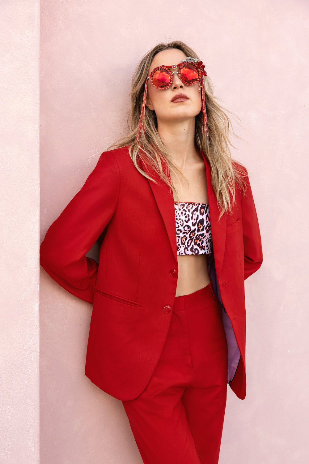 Red Tailored Suit with Pink Panther Lining