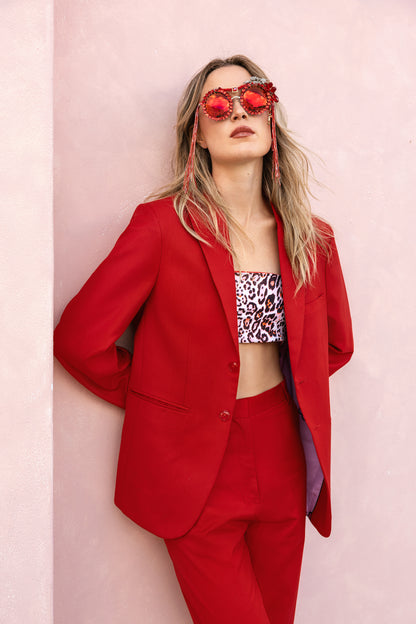 Red Tailored Suit with Pink Panther Lining