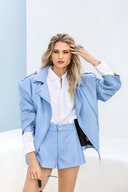 Blue Leather Oversized Jacket & Shorts