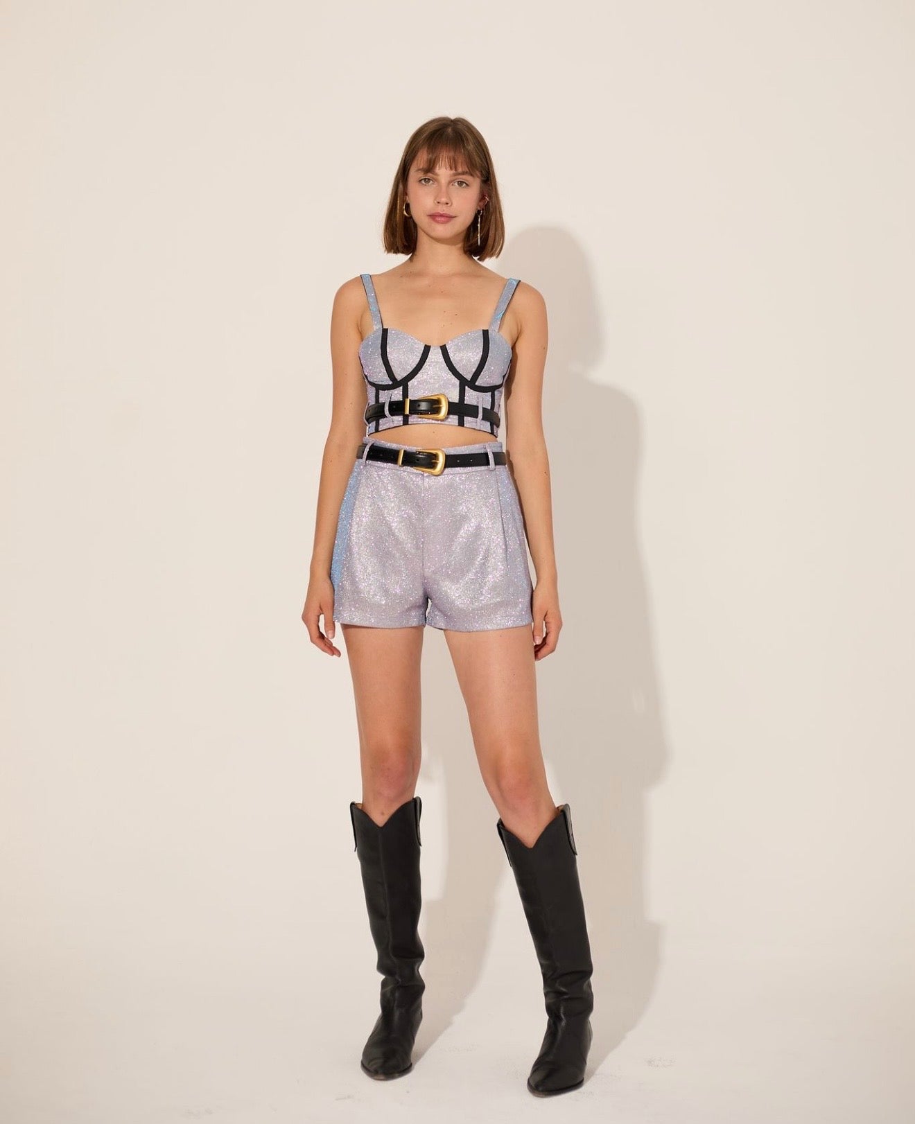 Purple Metallic Short with Cropped Corset Bra Top and Oversized Jacket