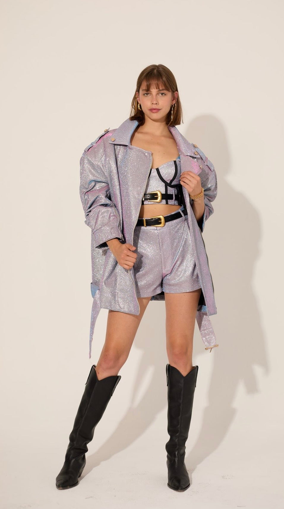 Purple Metallic Short with Cropped Corset Bra Top and Oversized Jacket