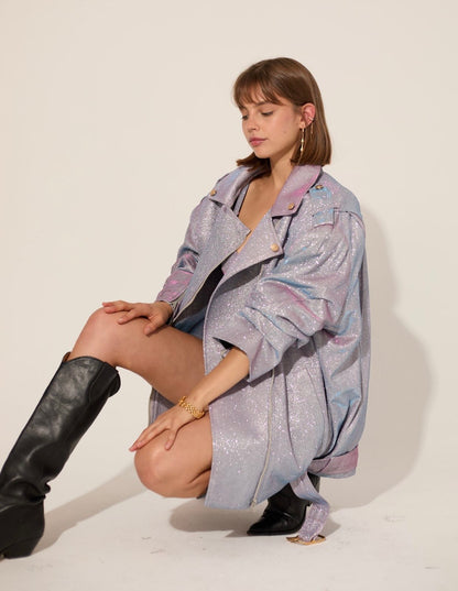 Purple Metallic Short with Cropped Corset Bra Top and Oversized Jacket