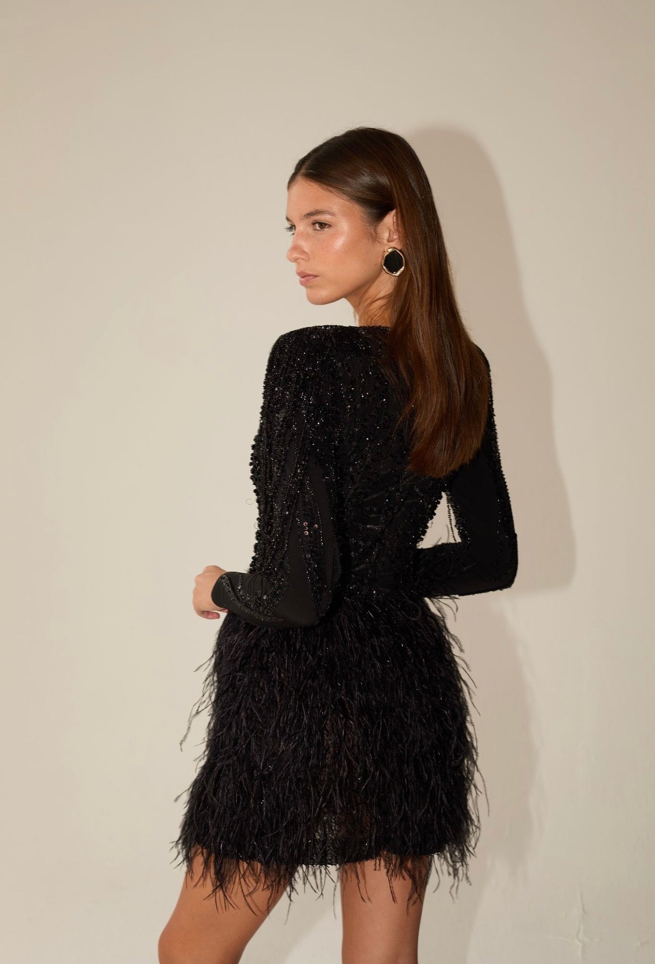 Black Ostrich Feather Dress with Shoulder detail and Hand-Beaded Bodice