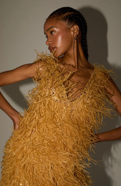 Yellow ostrich feather dress