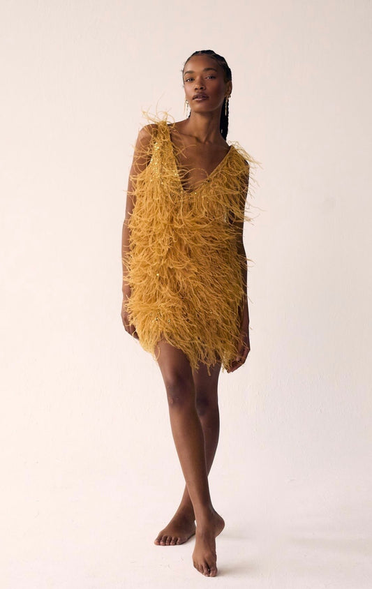 Yellow ostrich feather dress