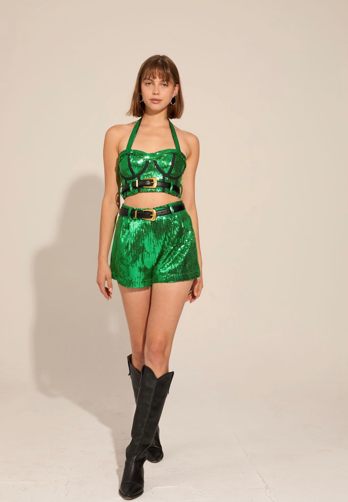 Green Sequin Shorts with Bra Corset-top