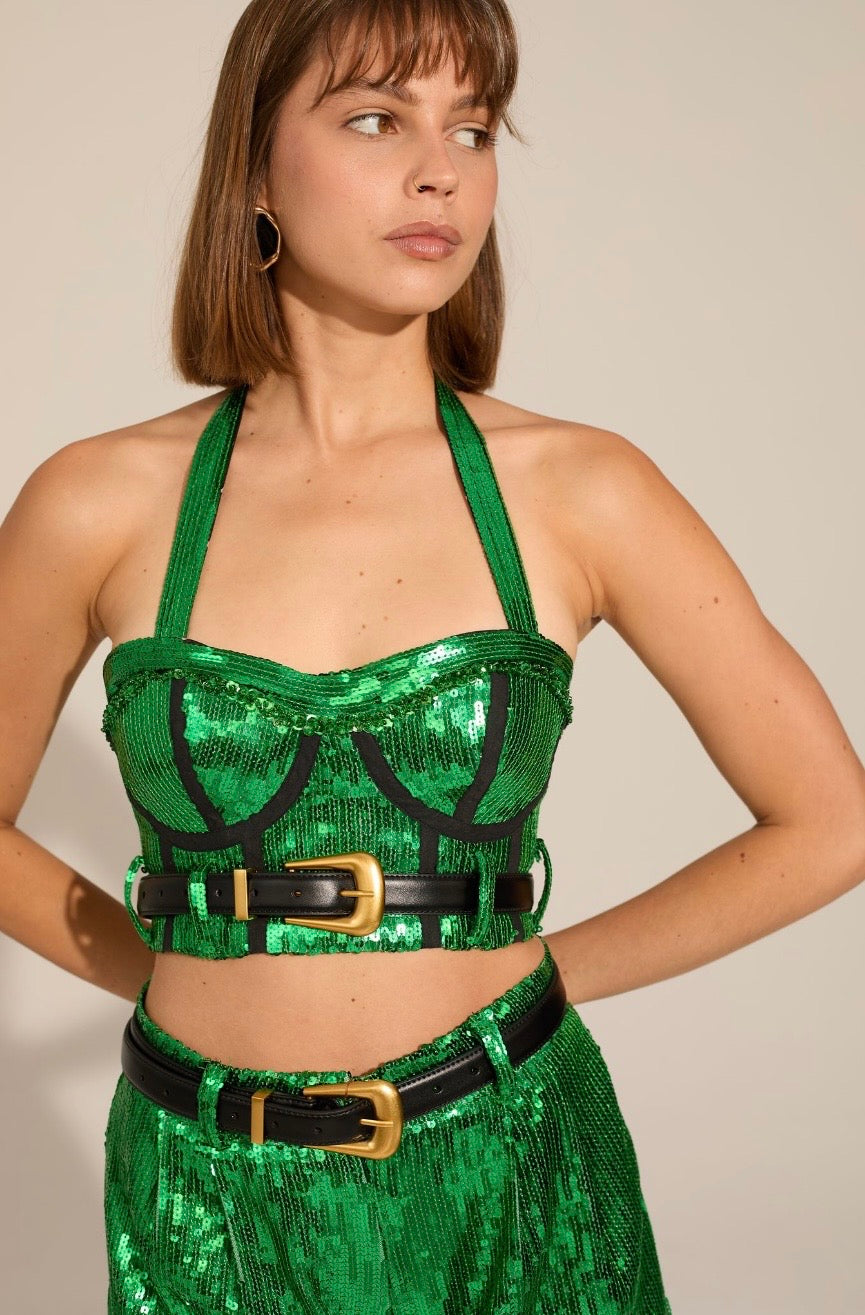 Green Sequin Shorts with Bra Corset-top