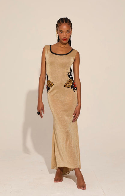 Golden See-Through Mesh Dress