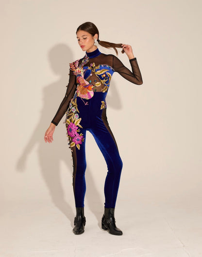 Velvet Blue Embroidered Long Jumpsuit with Mesh detail on side