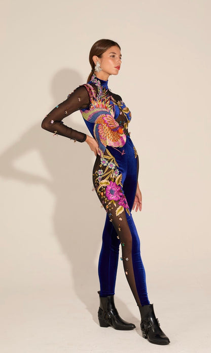 Velvet Blue Embroidered Long Jumpsuit with Mesh detail on side