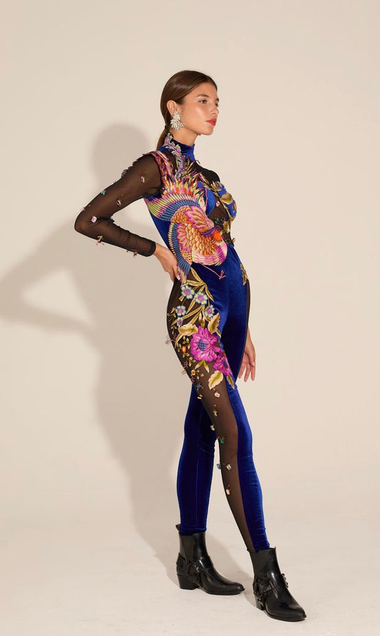 Velvet Blue Embroidered Long Jumpsuit with Mesh detail on side