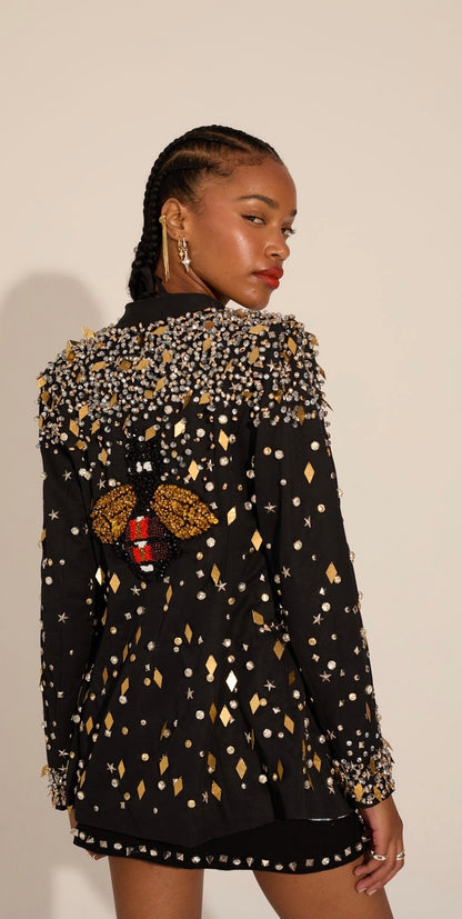 Hand Beaded Blazer with High Waist Mini_Skirt and Cropped Corset