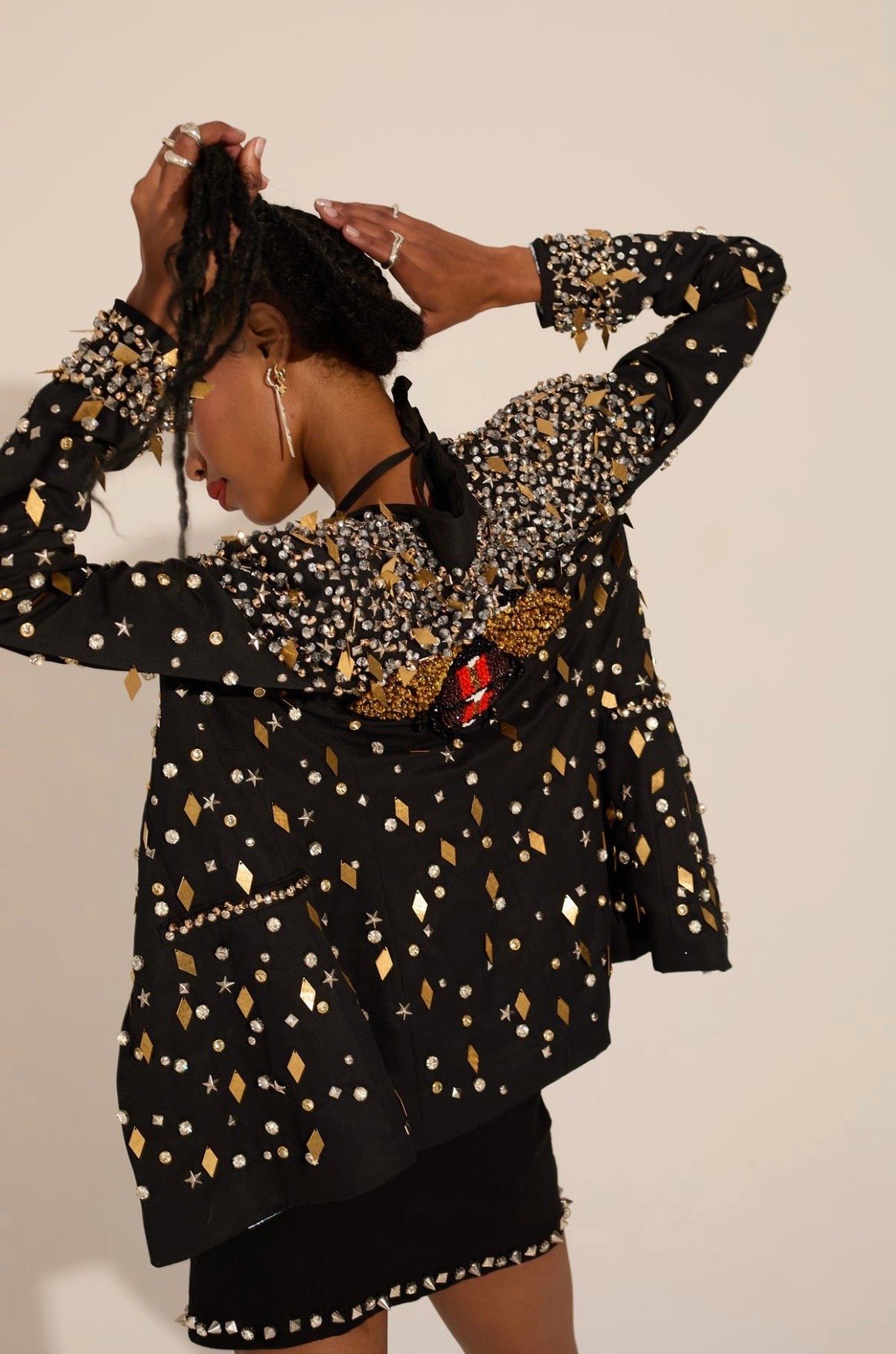 Hand Beaded Blazer with High Waist Mini_Skirt and Cropped Corset