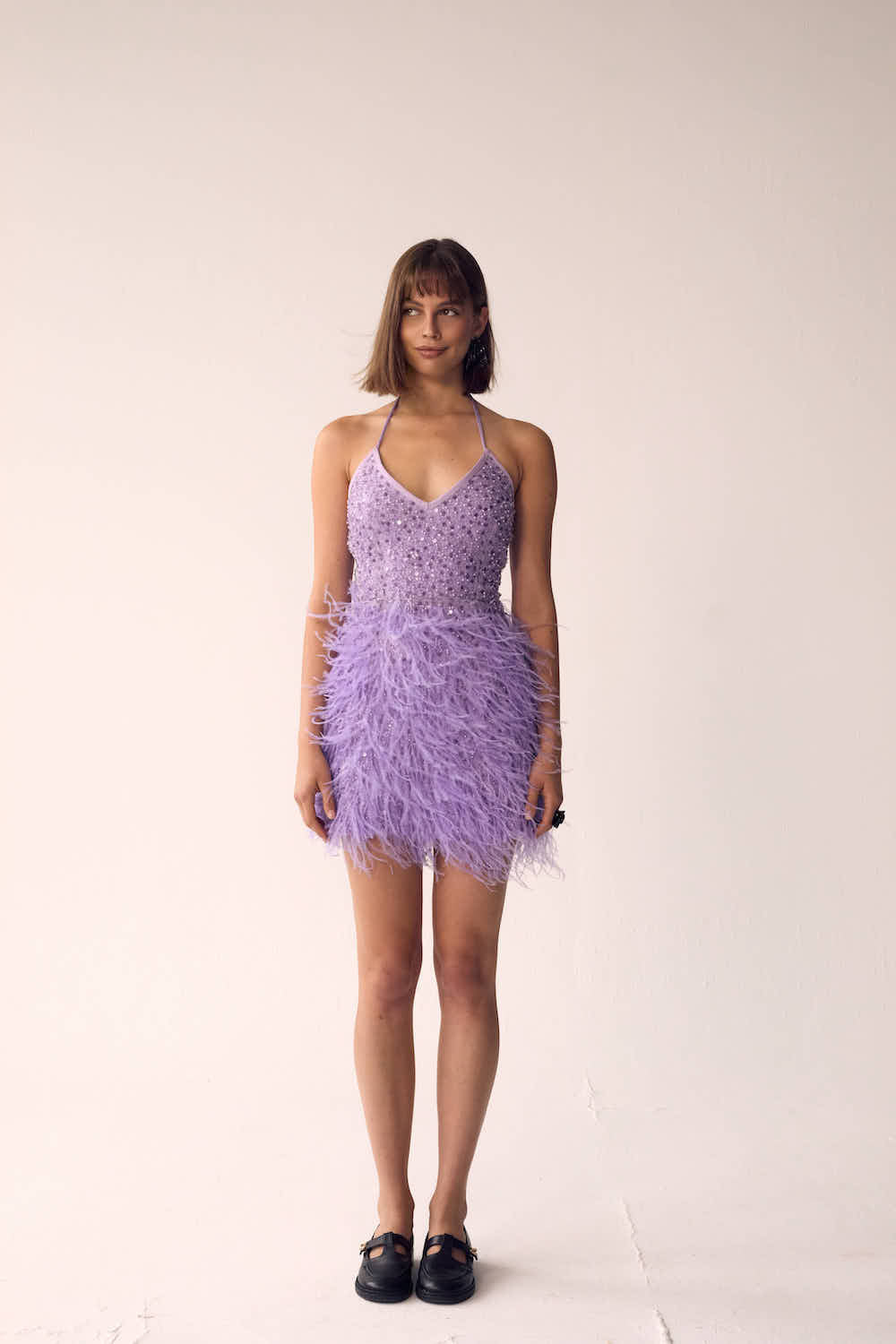 Purple Ostrich Feather Dress with Lace Beaded Bodice